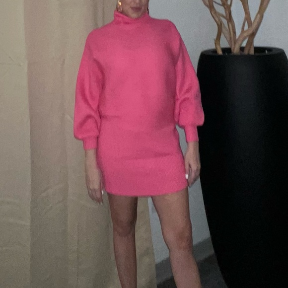 Pink ribbed turtleneck dolman sweater skirt dress set - Picture 5 of 5